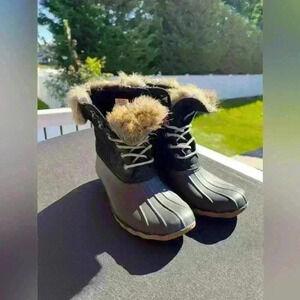 Sperry Duck Boots Women 9 M Winter Waterproof Lined Insulated Faux Fur Black